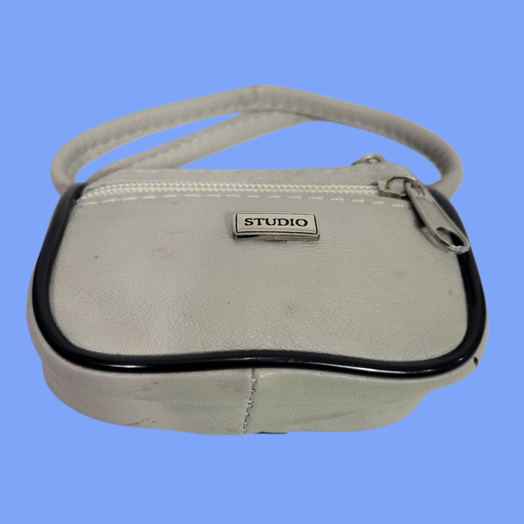 Vintage Studio Tiny Leather Bag Taupe Beige Coin Purse Pouch Change Handles Mini - Picture 12 of 16